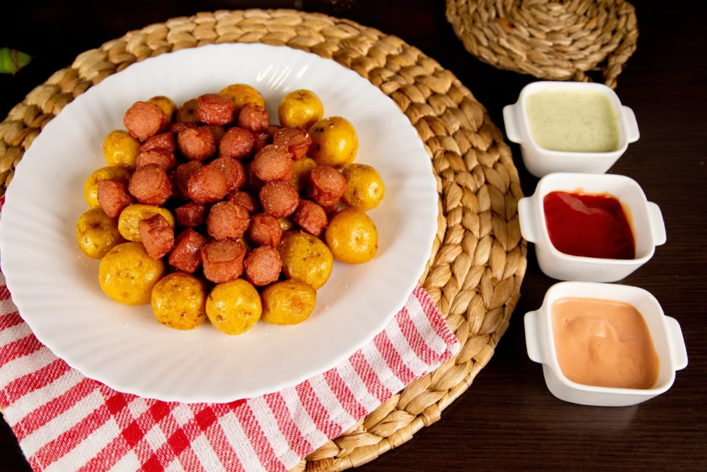 Salchichas con papa criolla colombiana