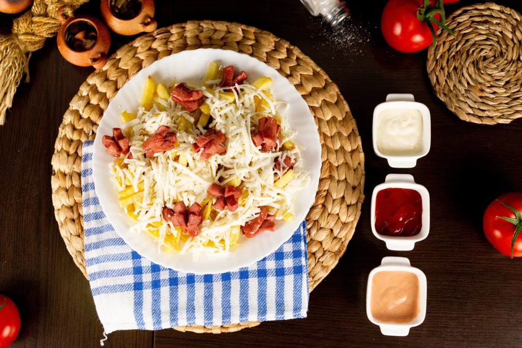 Salchipapas con queso fresco colombiano